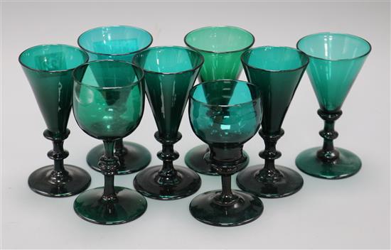 Eight green glasses tallest 13.5cm